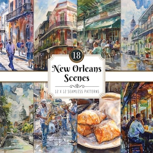 Scene di New Orleans / Pacchetto di carte digitali, acquerello, paesaggi urbani vivaci, NOLA, beignet del quartiere francese, download PNG immediato, uso commerciale