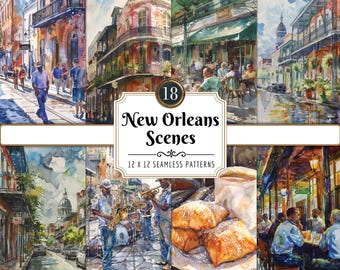 Escenas de Nueva Orleans / Paquete de papel digital, acuarela, vibrantes paisajes urbanos, NOLA, buñuelos del Barrio Francés, descarga instantánea en formato PNG, uso comercial.