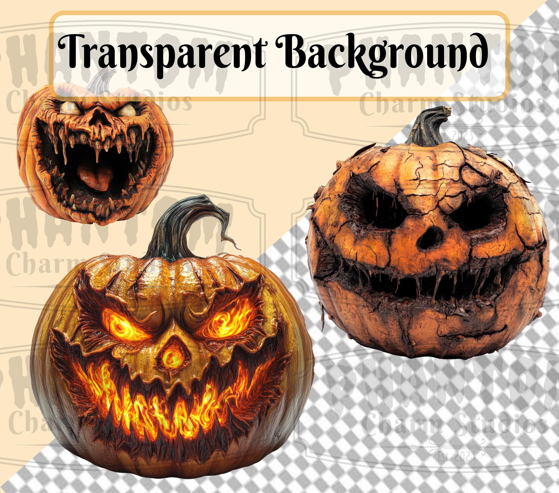 ホラー風ジャック・オー・ランタンのクリップアート：不気味なカボチャの顔、不気味なハロウィーンのグラフィック（PNG ダウンロード） - Etsy 日本, image size:2267x2000