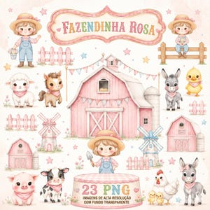 Pode incluir: Ilustração em aquarela com um celeiro rosa, um moinho de vento e vários animais de fazenda, incluindo uma ovelha, um cavalo, um burro e um porco. O texto "Fazendinha Rosa" e "23 PNG" está incluído. O tema geral é um design fofo com tema de fazenda.
