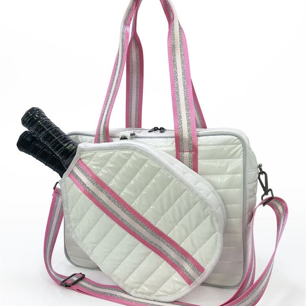 Pickleball Bag - White Puffer Pink & Silver Stripes.
