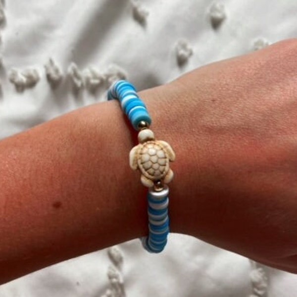 Turtle clay bead bracelet in pink, blue, and orange