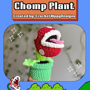 May include: A crocheted Chomp Plant, a character from the Super Mario video game series, in a green pot. The plant has a red head with white spots, a white mouth, and a pink tongue. The image includes the text "Free Pattern Chomp Plant".