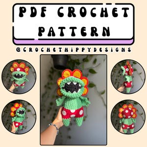 May include: A crochet pattern for a whimsical plant-like creature. The creature is green with a red and white polka-dot shorts, a red and yellow flower head, and a wide, toothy grin. The text "PDF CROCHET PATTERN" is at the top.