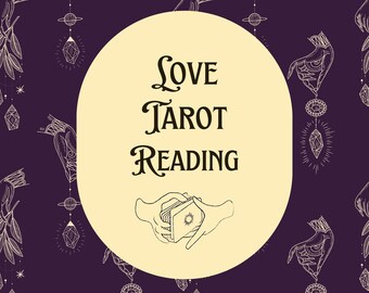 May include: A yellow circle with the text "LOVE TAROT READING" in black script. The circle is surrounded by a purple background with a repeating pattern of hands holding crystals and stars.