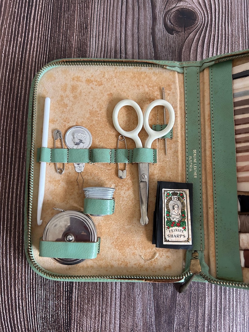 Vintage Sewing Kit Leather Complete Travel Case With Threads Scissors Sharps And Notions image 12