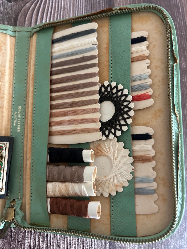 Vintage Sewing Kit Leather Complete Travel Case With Threads Scissors Sharps And Notions image 9