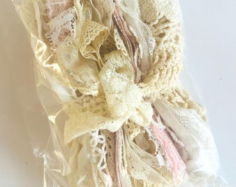 Vintage Bundle of Mixed Fabrics, Trims, Lace Doilies Crafting Supplies Fabric Ephemera Authentic Vintage