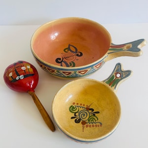 Mexican Folk Art Pottery Bowls and Maraca Hand‑Painted Vintage Set