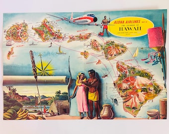 Vintage Aloha Airlines Foldout Hawaii Map Travel Brochure Midcentury Airline Ephemera