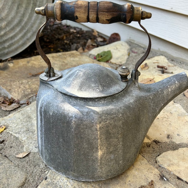 Antique Tea Kettle Colonial Cast Aluminum Pot Wood Handle Heavy Duty Rustic Farmhouse Decor