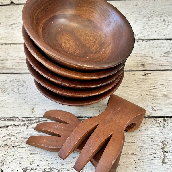 Walnut Salad Bowls with Wood Tossing Utensils Arts and Craft Kitchen Vintage Wood Bowls Wood Bowl Decor