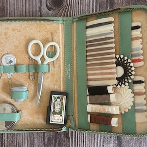 Vintage Sewing Kit Leather Complete Travel Case With Threads Scissors Sharps And Notions image 1