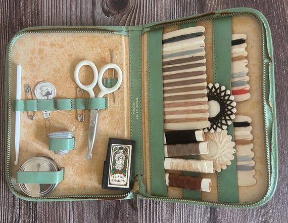 Vintage Sewing Kit Leather Complete Travel Case With Threads Scissors Sharps And Notions
