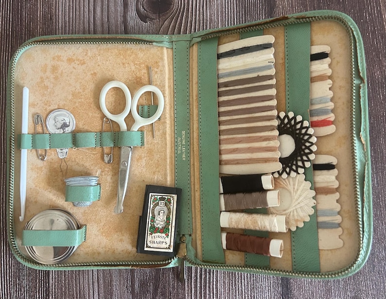 Vintage Sewing Kit Leather Complete Travel Case With Threads Scissors Sharps And Notions image 1