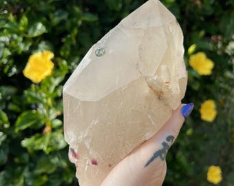 Large Natural Citrine Cathedral with Gem Watermelon Tourmaline and Purple Lepidolite inclusions, Brazil