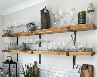 Floating Shelves Set of 2 | HEAVY DUTY Rustic Wood Shelf With Steel Brackets | Fast Ship Kitchen Bathroom Living Room