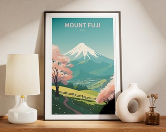 Mount Fuji Travel Poster, Japan Poster Art, Mount Fuji Illustration, Cherry Blossom Wall Art, Japan Digital Print, Tokyo Print, Digital Art
