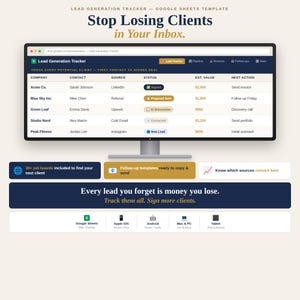 Peut inclure: Un modèle Google Sheets de suivi de génération de leads affiché sur un écran d'ordinateur. L'interface présente des colonnes pour l'entreprise, le contact, la source, le statut, la valeur estimée et l'action suivante. Inclut des icônes pour Google Sheets, iOS, Android et PC.