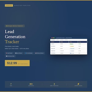 Peut inclure: Un modèle de marketing numérique sur fond bleu foncé. Le texte "Lead Generation Tracker" est affiché en évidence. Un tableau montre les données de suivi des prospects. Le prix est de 12,99 $. Le modèle comprend 7 onglets, 30+ tableaux de bord et 3 modèles d'e-mails.