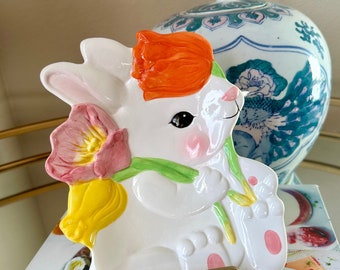 Vintage Bunny Rabbit Tulip Flower Floral Motif Plate Platter| Spring Decor| Cottage Chic| Grandmillennial Style| Ceramic Plate| Shelf Decor