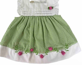 Robe bébé vintage des années 90 | Robe d'église printemps-été | Robe bébé| Vichy et rosaces avec col carré| Brodé