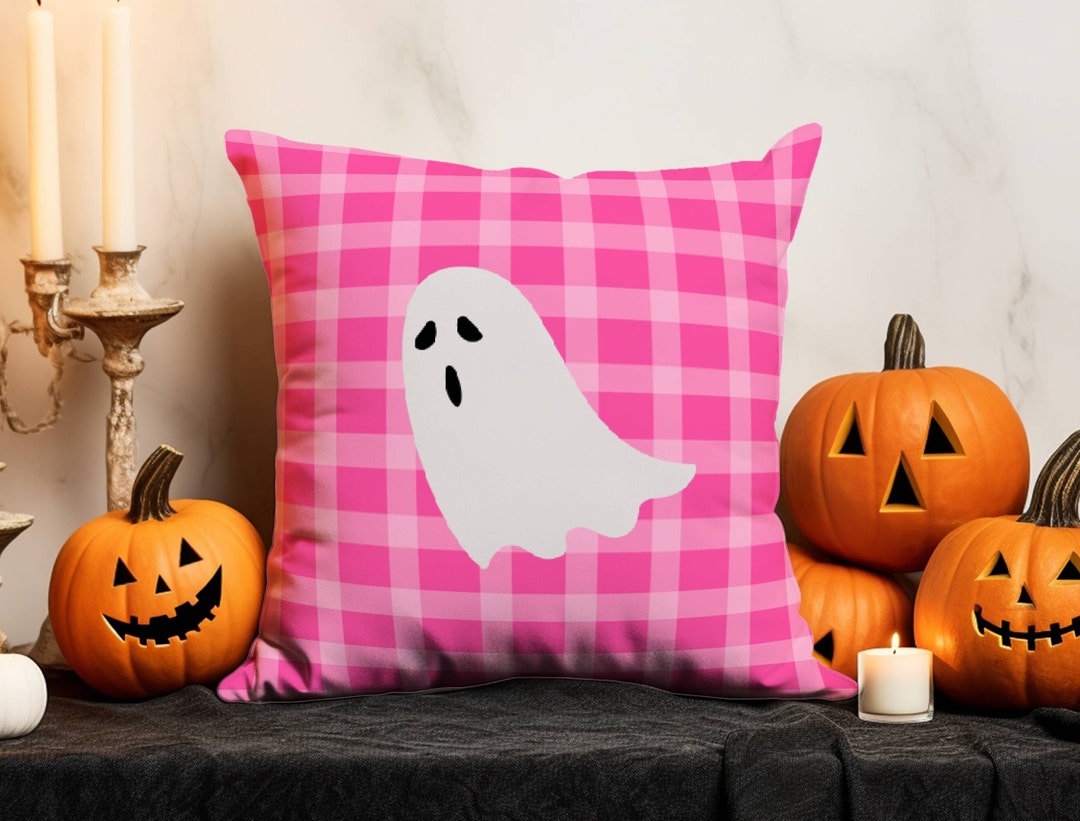 Pink Ghost Pillow Cover With Ghost Face Print Cute Halloween Etsy