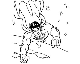 Op de afbeelding: Een zwart-witte lijntekening van Superman die door de lucht vliegt met zijn cape die achter hem wappert. Hij draagt zijn iconische rood-gele pak en heeft een vastberaden uitdrukking op zijn gezicht.