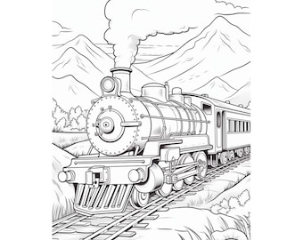 Könnte beinhalten: Eine Schwarzweiß-Zeichnung eines Dampfloks, die durch eine Berglandschaft fährt. Die Lokomotive stößt Rauch aus ihrem Schornstein und fährt auf Schienen.