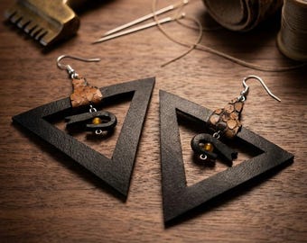 Geometric earrings in high-quality black leather with snakeskin details. Unique, handmade. Exclusive Edition!