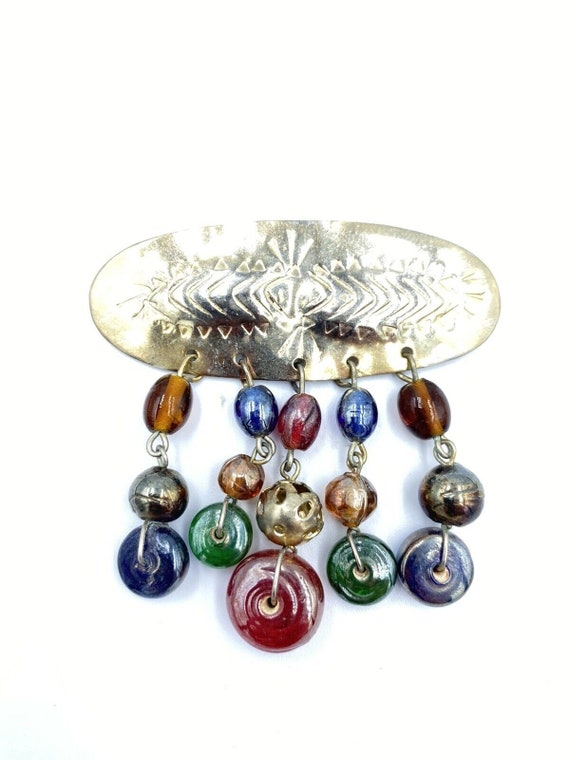 Vintage Brooch Pin Dangling Colored Glass Beads