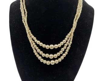 Vintage Necklace Faux Pearl 3 Strand Rhinestone Clasp 15
