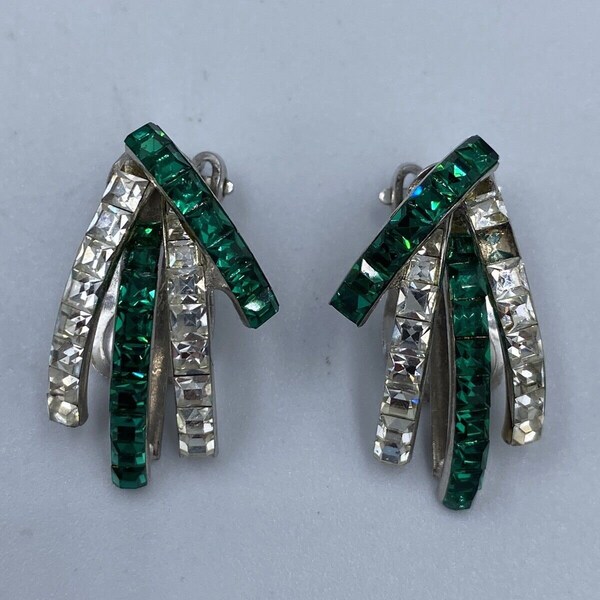 Vintage Earrings Austrian Crystal Green Clear Baguettes Fischland Schmuck