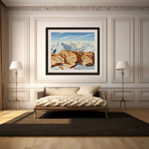 Painting of Giant Slices of Bread in the size of Snow Mountains in the style of M.C. Escher