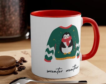 Sweater Weather Mug, Penguin Coffee Cup 11oz Ceramic