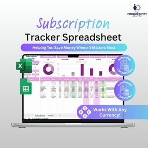 May include: A laptop screen displays a subscription tracker spreadsheet with charts and data. The text reads "Subscription Tracker Spreadsheet" and "Helping You Save Money Where It Matters Most." Features include automatic calculations and an investment calculator. The spreadsheet works with any currency.