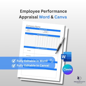 May include: A white document with blue detailing, labelled "Employee Performance Appraisal Word & Canva." The document includes sections for employee details, performance evaluation, and strengths & weaknesses. The image also features the Word and Canva logos.