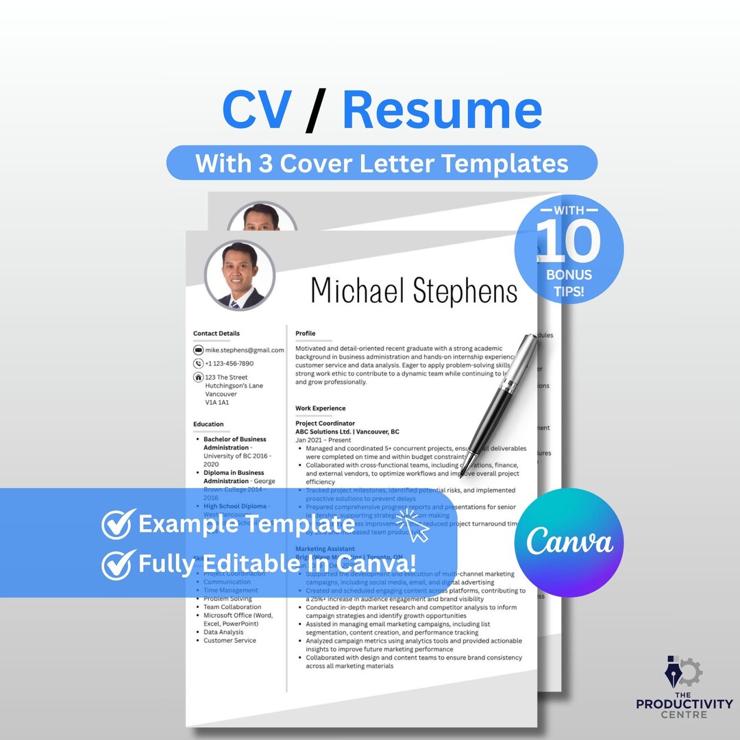 Resume + Cover Letter Template Bundle | Editable Canva CV Set | Modern ...
