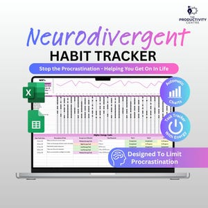 Peut inclure: Un écran d'ordinateur portable affiche un suivi des habitudes intitulé "Neurodivergent Habit Tracker". Il comprend des graphiques, un suivi des tâches avec énergie et est conçu pour limiter la procrastination. Le texte "Stop the Procrastination - Helping You Get On In Life" est également visible.