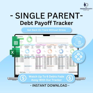 Puede incluir: Una pantalla de portátil muestra un rastreador de pago de deudas con el texto "SINGLE PARENT - Debt Payoff Tracker." La imagen incluye el texto "Get Back On Track Without Stress" y "Watch Up To 6 Debts Fade Away With Our Tracker."