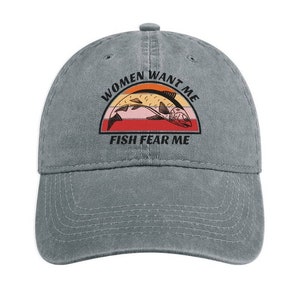 Women Want Me, Fish Fear Me Vintage Fishing Hat Cap in 5 Colours - 100% Cotton