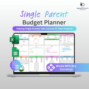 Peut inclure: Un écran d'ordinateur portable affichant un modèle de planificateur budgétaire. Le titre est "Single Parent Budget Planner" avec la devise "Helping Single Parents Take Control Of Their Finances". L'écran montre des graphiques et des icônes Excel et Google Sheets.