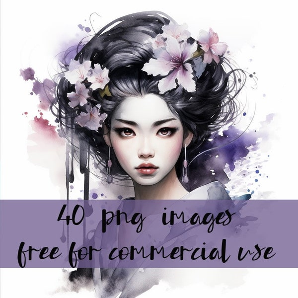 Geisha, Japanese women, Watercolor Women, Whimsical, girls with flowers , digi files, download, dreamy, beautiful women