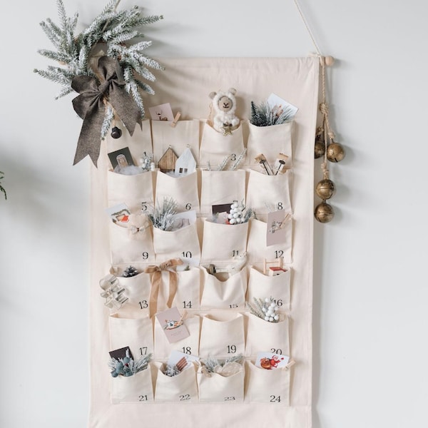 Personalized Embroidered Canvas Fabric Advent Calendar: Large Linen Wall Hanging with Big Pockets
