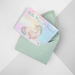 Cartolina con amico unicorno, carina cartolina di auguri con unicorno, cartolina per bambini fantasy e magica, cartolina per amico di penna, cartolina a tema unicorno, cartolina dell'amicizia con unicorno
