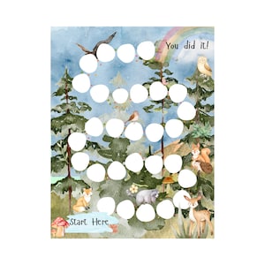 Può includere: Tabella delle ricompense a tema foresta ad acquerello con animali del bosco e un arcobaleno. La tabella presenta un percorso di cerchi bianchi, il testo "You did it!" e "Start Here". Lo sfondo è un dipinto ad acquerello di alberi e cielo blu.