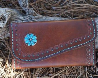 Hand tooled and painted Card Wallet with turquoise concho.