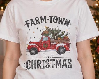 Farm Town Christmas! Vintage Christmas T-shirt, Women's Shirt, Large Print, Merry Christmas, Red Truck