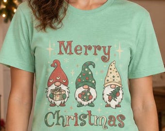 Merry Christmas Gnomes! Vintage Christmas T-shirt, Women's Shirt, Large Print, Merry Christmas, Christmas Gnomes, Present, Tree, Ornament