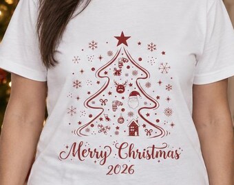 Merry Christmas 2026! Vintage Christmas T-shirt, Women's Shirt, Large Print, Merry Christmas, Christmas Tree